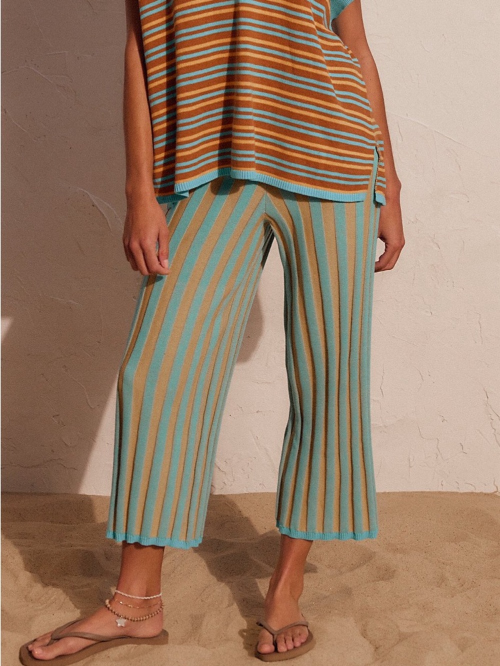 Free People Striped Cropped Wide-Leg Pants in Aqua and Tan